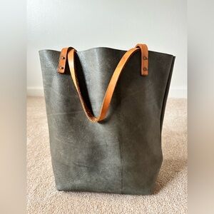 Handmade Remnant Made Charcoal Leather Tote Bag with Tan Straps